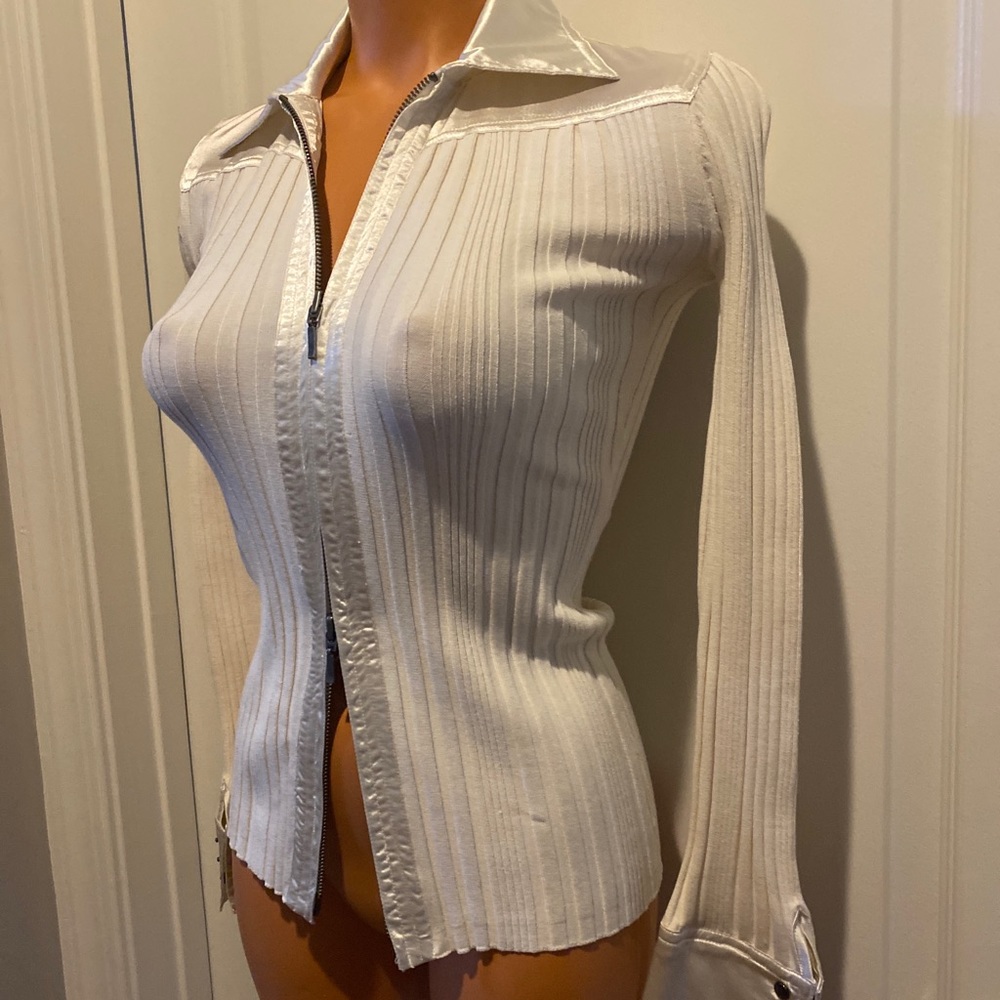 CAbi The Executive Silk Satin Dove Ivory Zip Cardigan Sweater XS Extra Small NWT - Picture 3 of 10